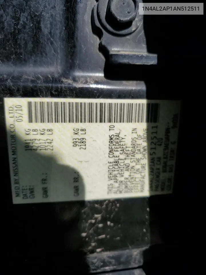 2010 Nissan Altima Base VIN: 1N4AL2AP1AN512511 Lot: 58161045