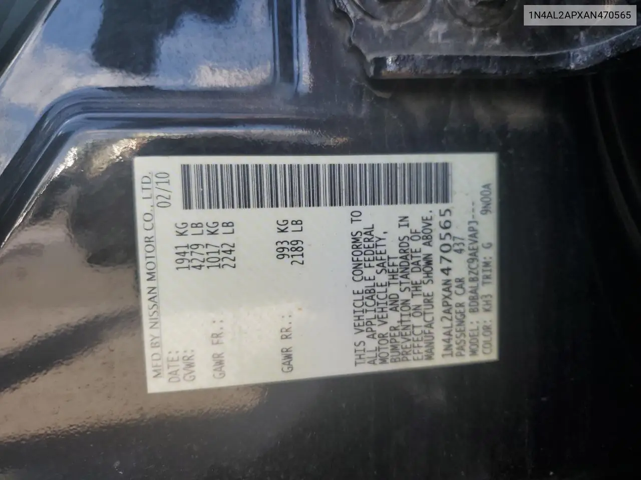 2010 Nissan Altima Base VIN: 1N4AL2APXAN470565 Lot: 63263755