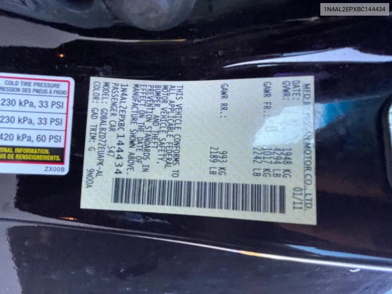 2011 Nissan Altima S VIN: 1N4AL2EPXBC144434 Lot: 57187685