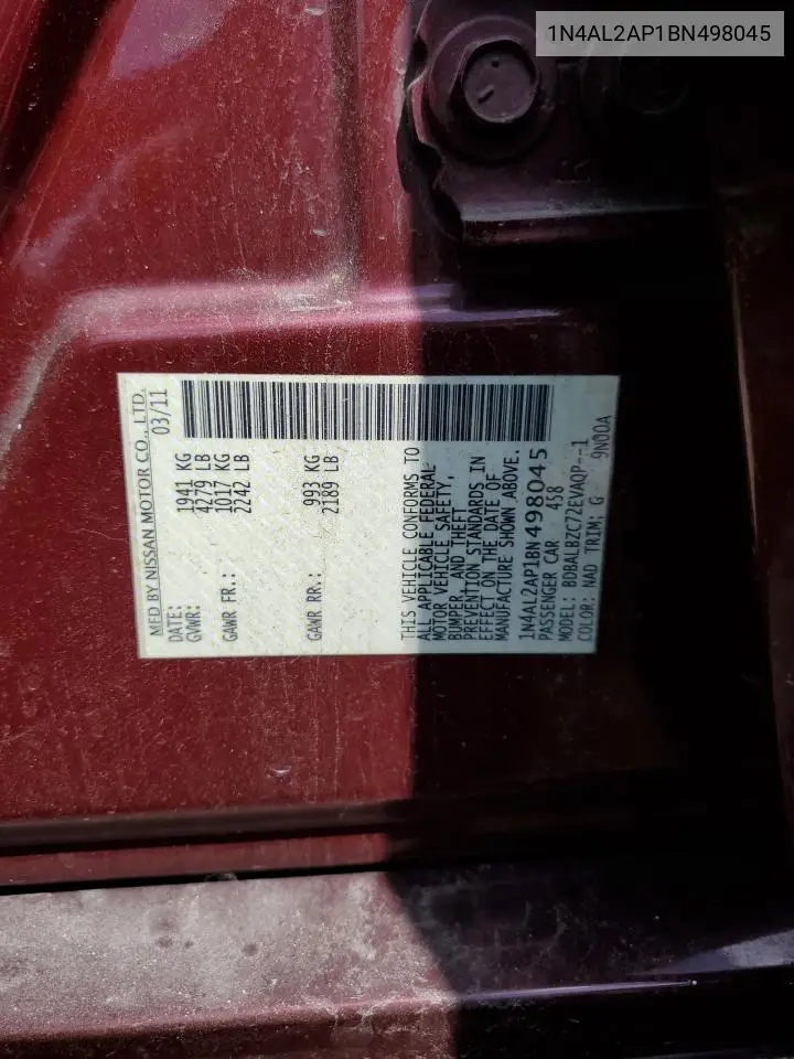 2011 Nissan Altima Base VIN: 1N4AL2AP1BN498045 Lot: 62660525