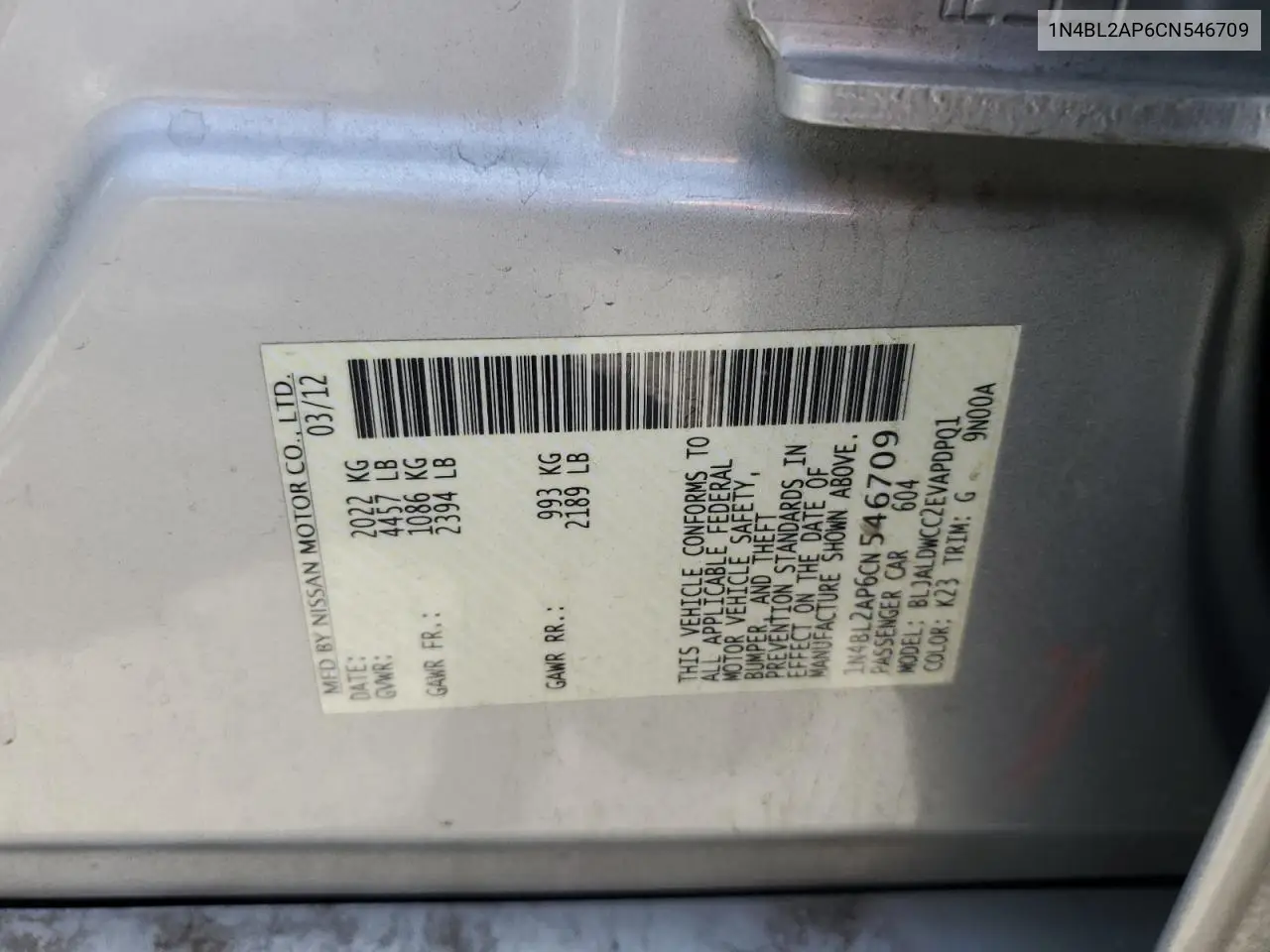 2012 Nissan Altima Sr VIN: 1N4BL2AP6CN546709 Lot: 56388225