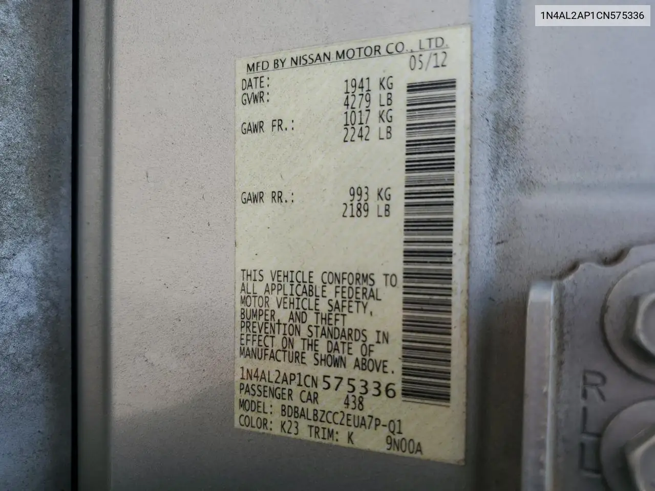 2012 Nissan Altima Base VIN: 1N4AL2AP1CN575336 Lot: 62015255