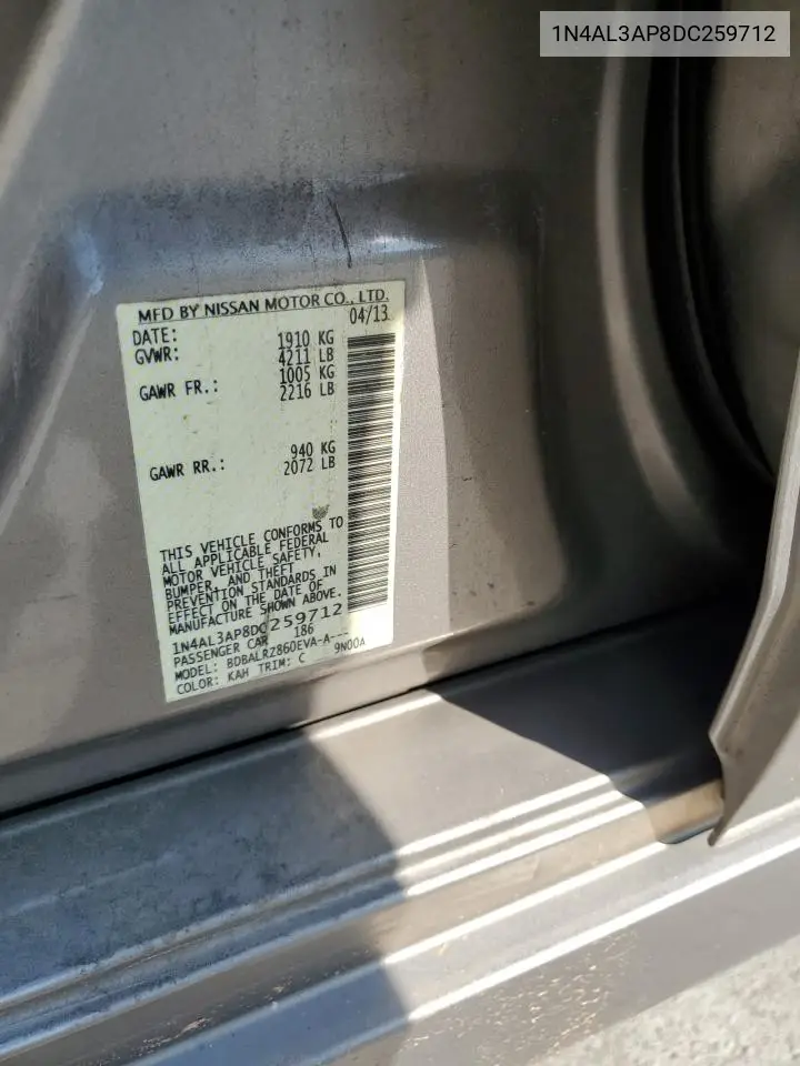 2013 Nissan Altima 2.5 VIN: 1N4AL3AP8DC259712 Lot: 62034975