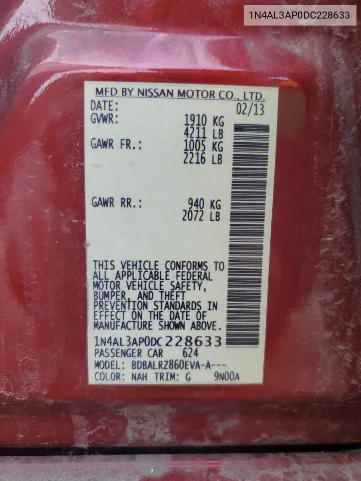 2013 Nissan Altima 2.5 VIN: 1N4AL3AP0DC228633 Lot: 62415925