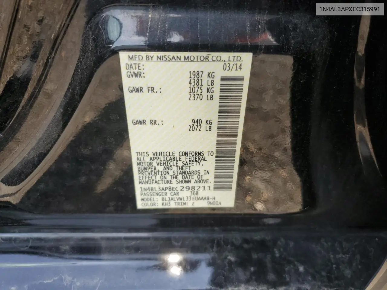 2014 Nissan Altima 3.5S VIN: 1N4AL3APXEC315991 Lot: 61593955
