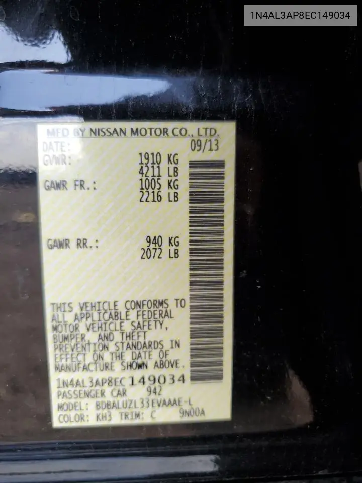 2014 Nissan Altima 2.5 VIN: 1N4AL3AP8EC149034 Lot: 61619705