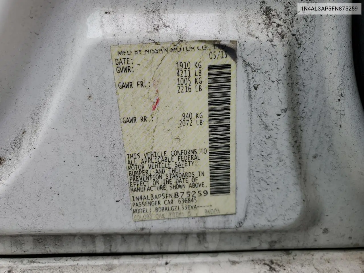 2015 Nissan Altima 2.5 VIN: 1N4AL3AP5FN875259 Lot: 52415855