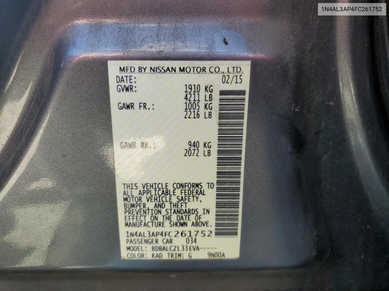 2015 Nissan Altima 2.5 VIN: 1N4AL3AP4FC261752 Lot: 53968285