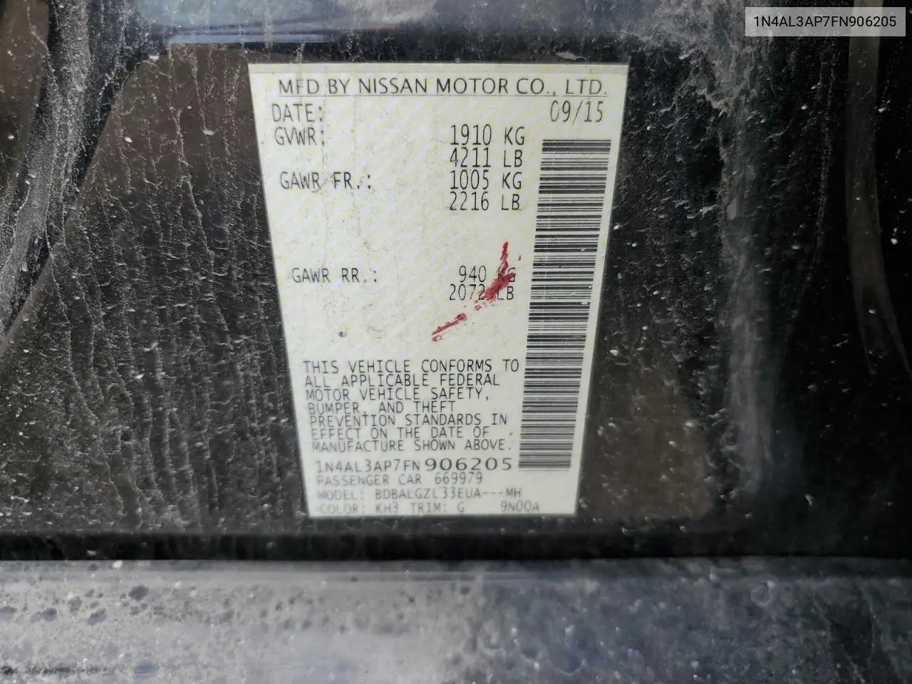 2015 Nissan Altima 2.5 VIN: 1N4AL3AP7FN906205 Lot: 54201625