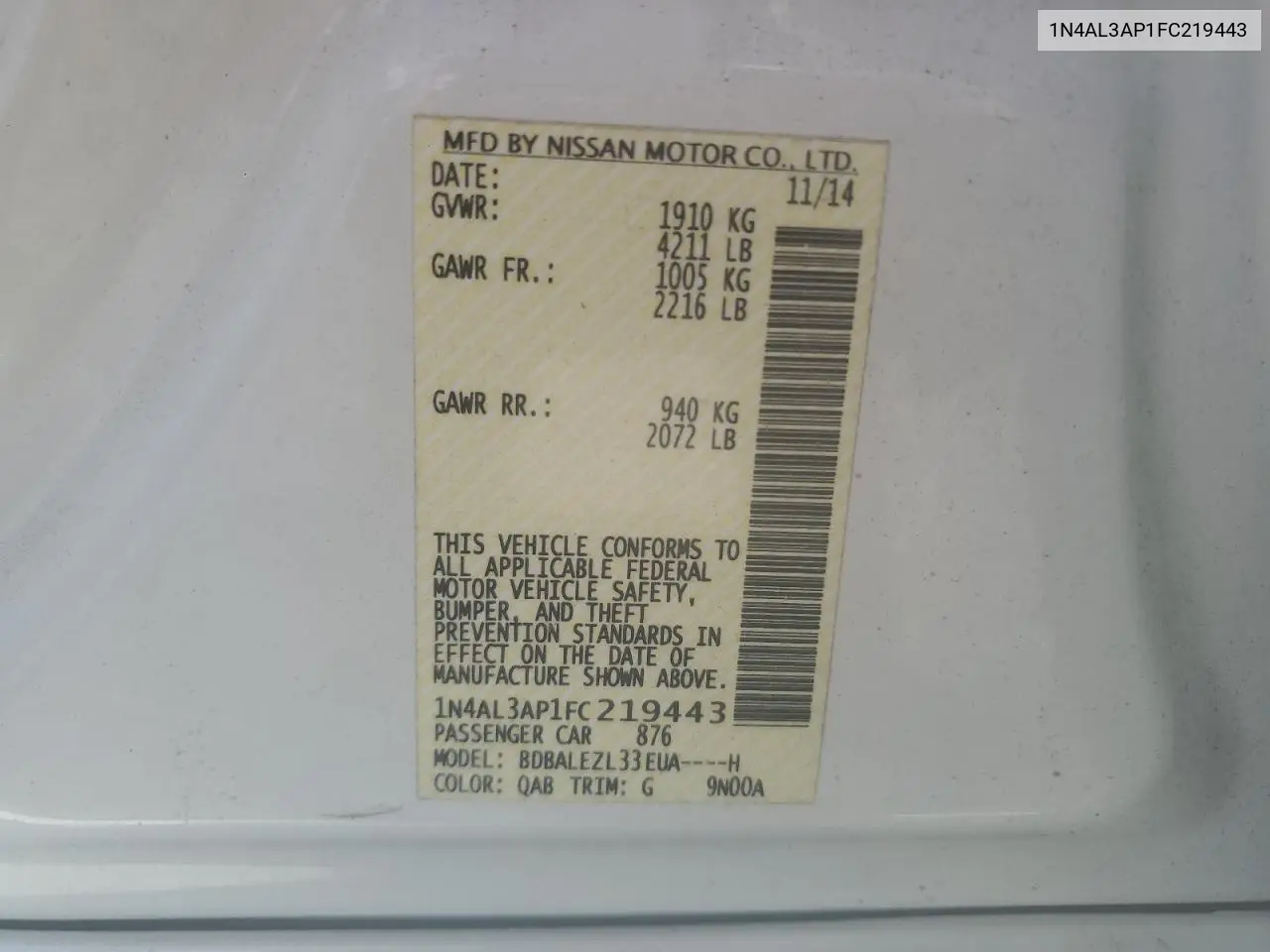 2015 Nissan Altima 2.5 VIN: 1N4AL3AP1FC219443 Lot: 62150705