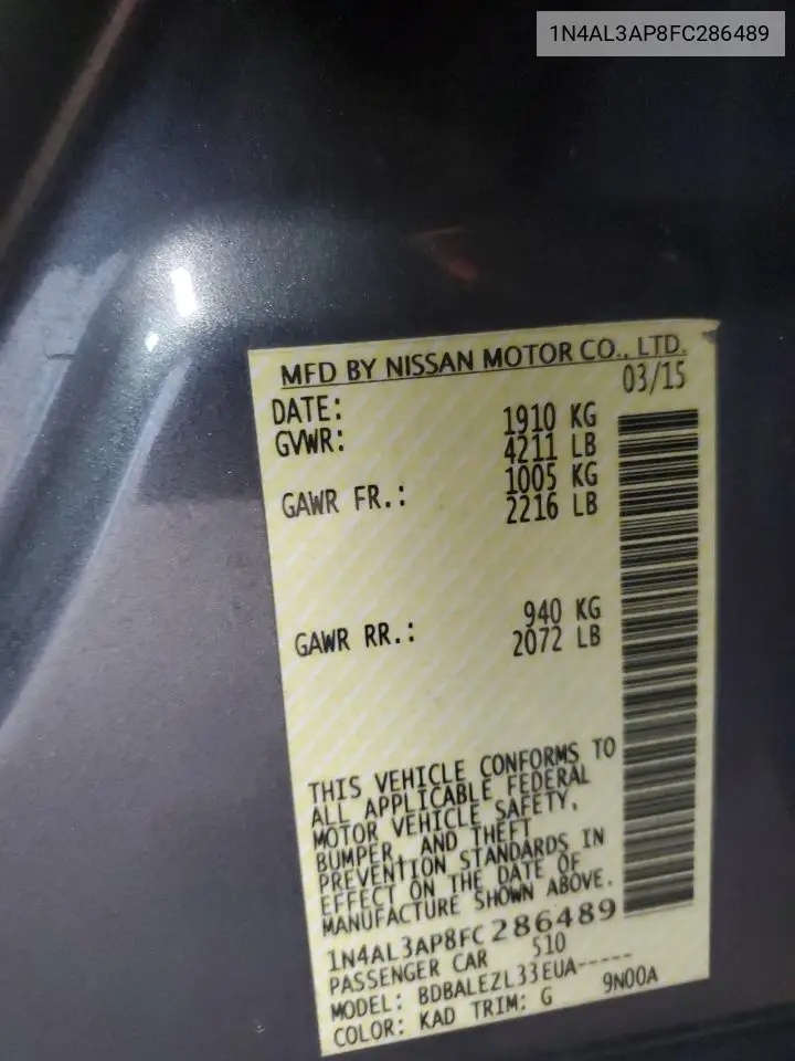 2015 Nissan Altima 2.5 VIN: 1N4AL3AP8FC286489 Lot: 63103745