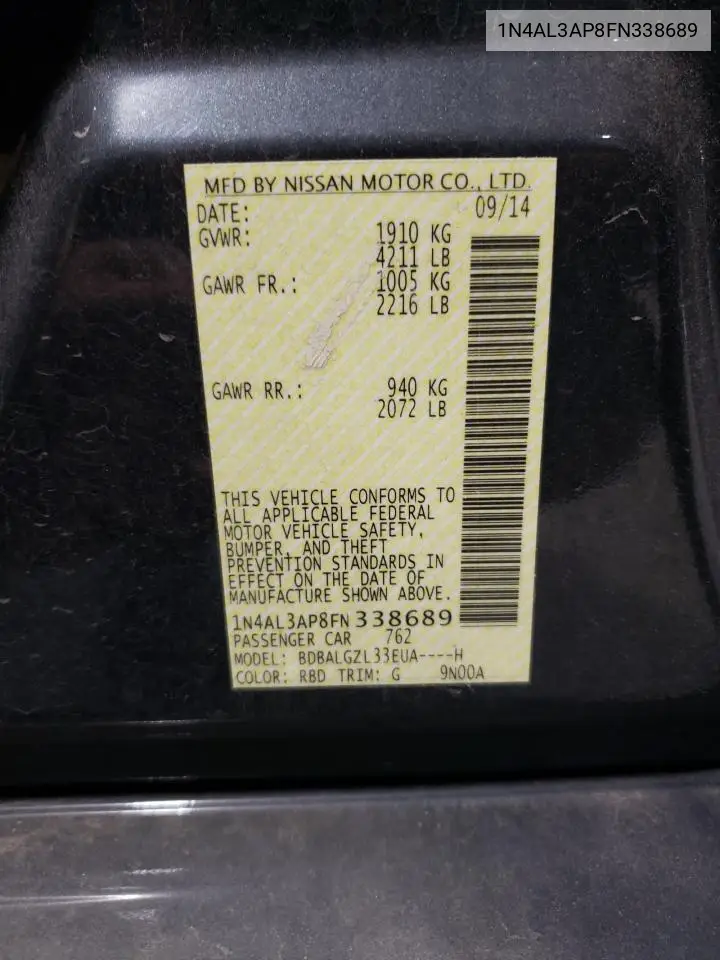2015 Nissan Altima 2.5 VIN: 1N4AL3AP8FN338689 Lot: 66115335