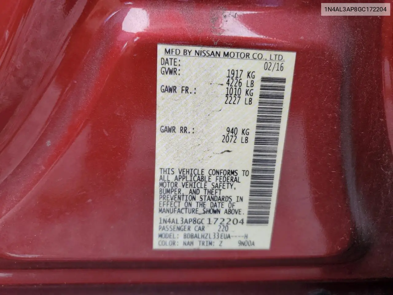 2016 Nissan Altima 2.5 VIN: 1N4AL3AP8GC172204 Lot: 53861515