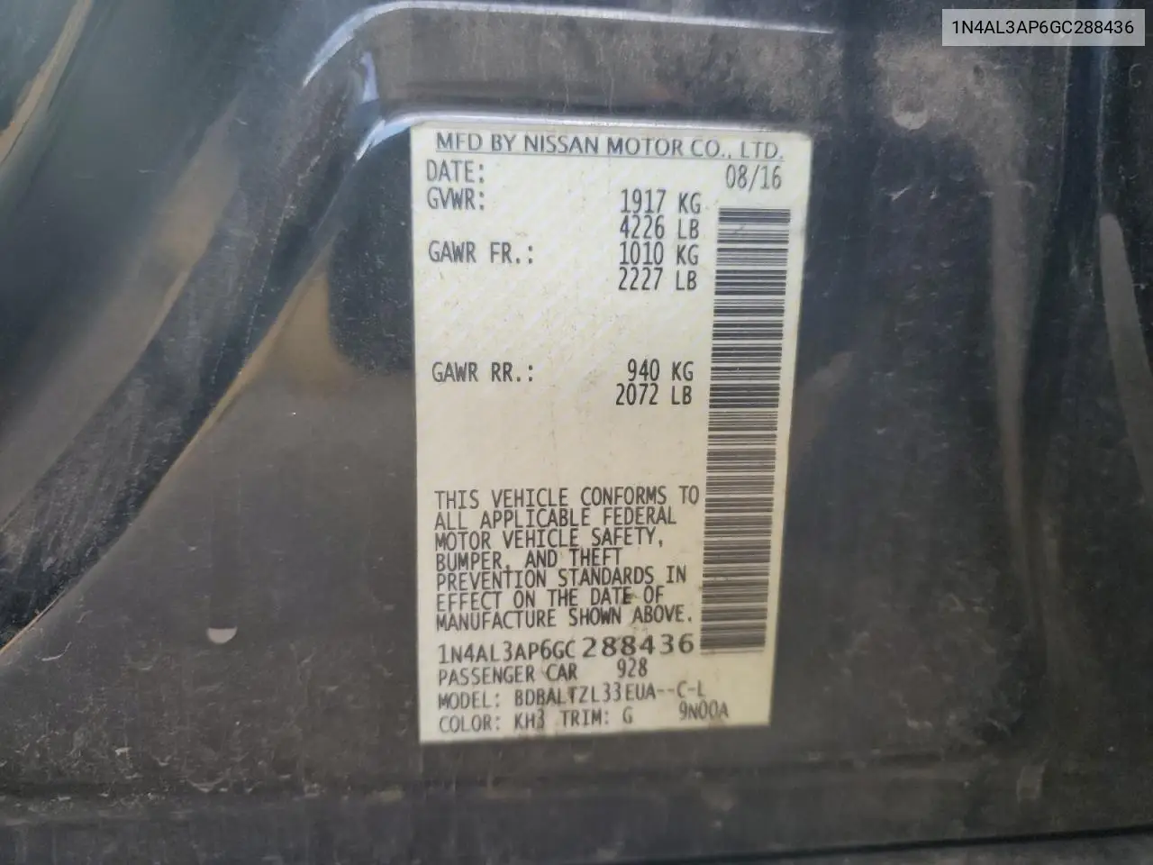 2016 Nissan Altima 2.5 VIN: 1N4AL3AP6GC288436 Lot: 59151825