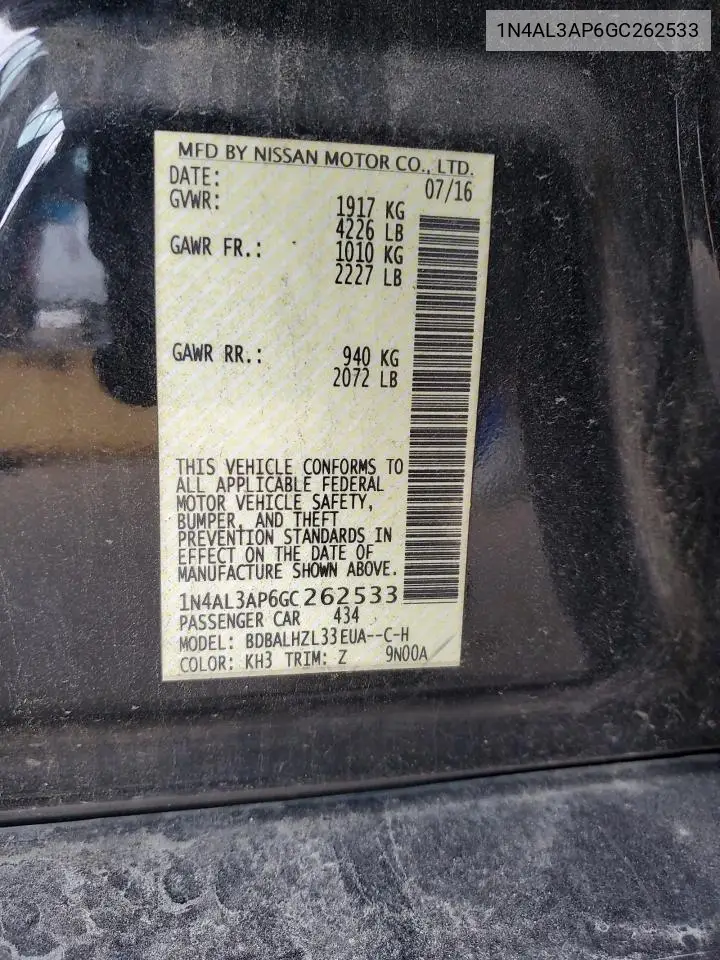 2016 Nissan Altima 2.5 VIN: 1N4AL3AP6GC262533 Lot: 63371975