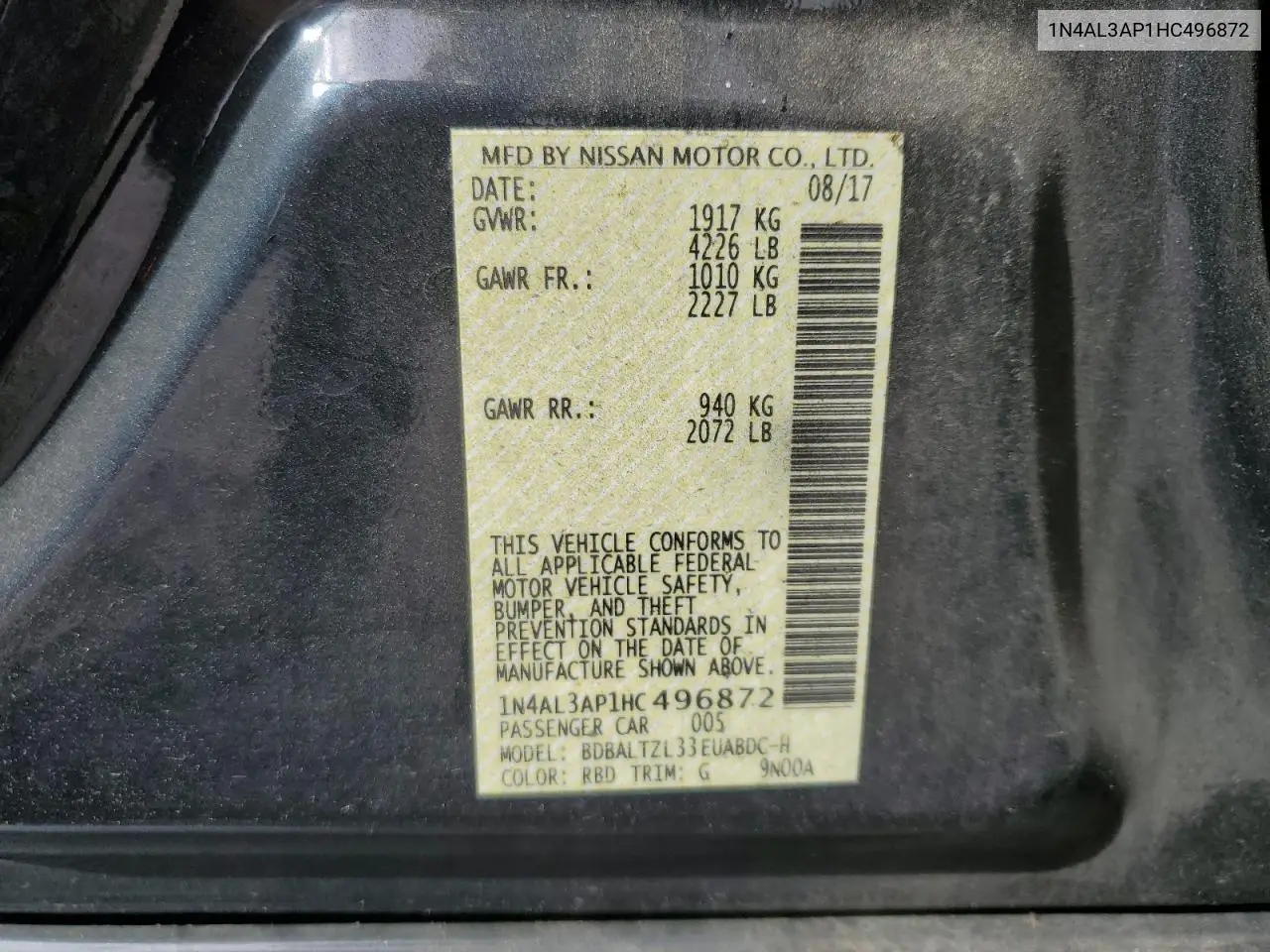 2017 Nissan Altima 2.5 VIN: 1N4AL3AP1HC496872 Lot: 53391525