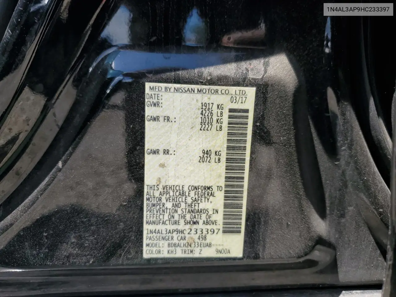 2017 Nissan Altima 2.5 VIN: 1N4AL3AP9HC233397 Lot: 56773245
