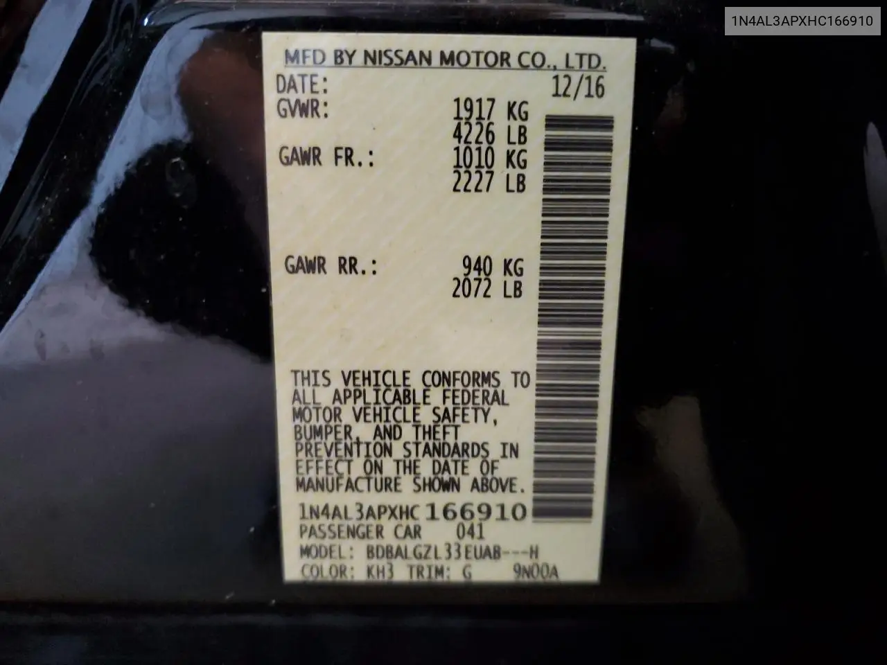 2017 Nissan Altima 2.5 VIN: 1N4AL3APXHC166910 Lot: 62189345