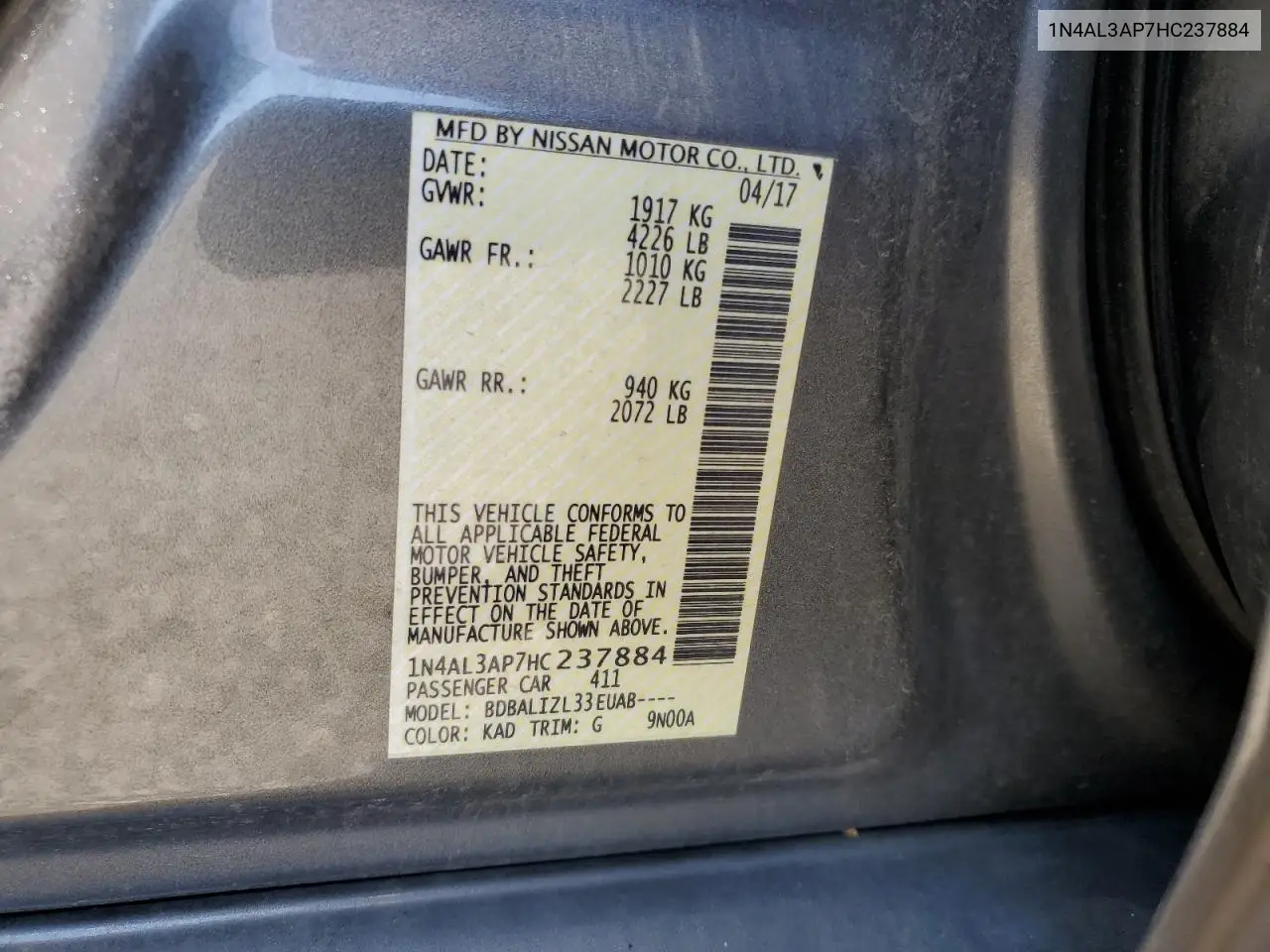 2017 Nissan Altima 2.5 VIN: 1N4AL3AP7HC237884 Lot: 63027975