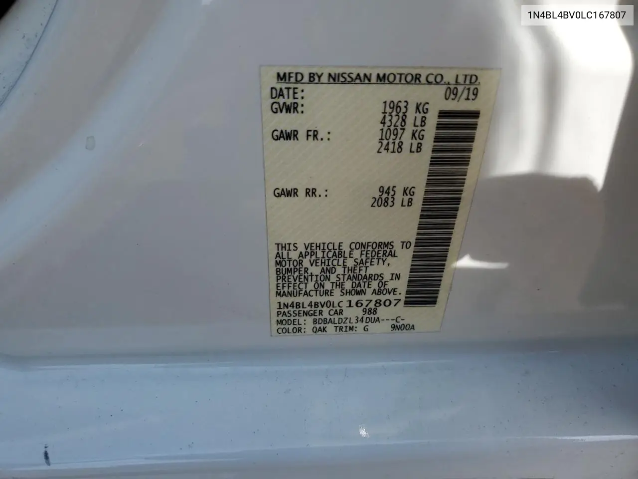 2020 Nissan Altima S VIN: 1N4BL4BV0LC167807 Lot: 56472055