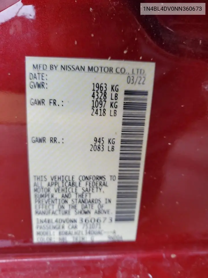 2022 Nissan Altima Sv VIN: 1N4BL4DV0NN360673 Lot: 62887875