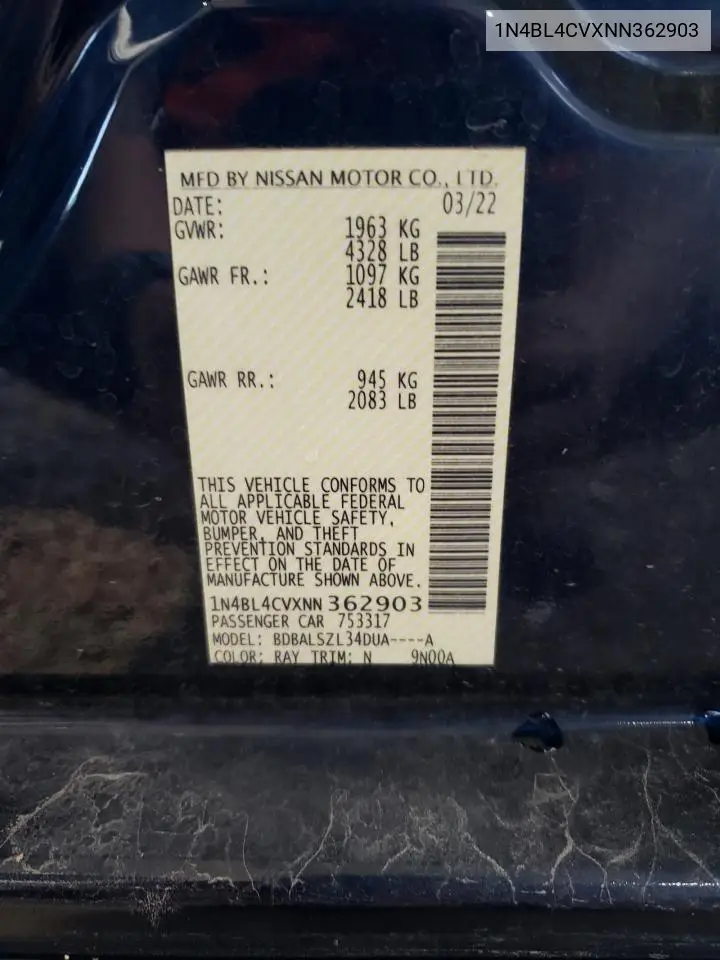 2022 Nissan Altima Sr VIN: 1N4BL4CVXNN362903 Lot: 62998655