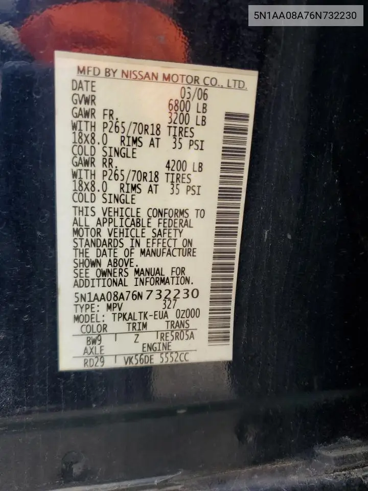 2006 Nissan Armada Se VIN: 5N1AA08A76N732230 Lot: 55449665