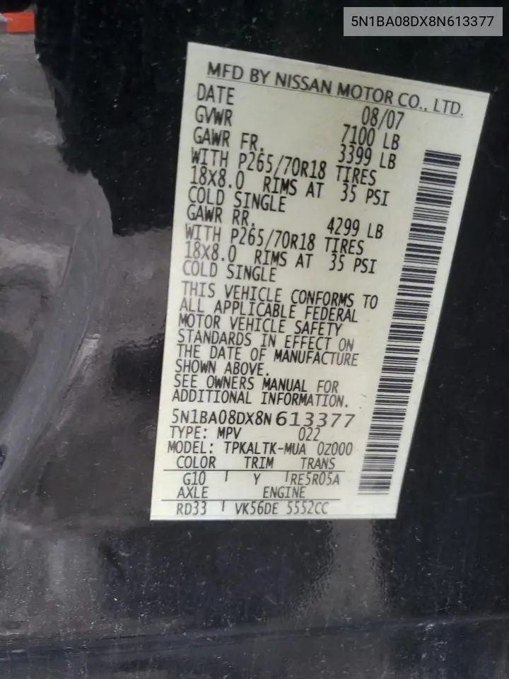 2008 Nissan Armada Se VIN: 5N1BA08DX8N613377 Lot: 62664355