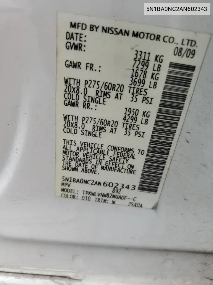 2010 Nissan Armada Se VIN: 5N1BA0NC2AN602343 Lot: 62792295
