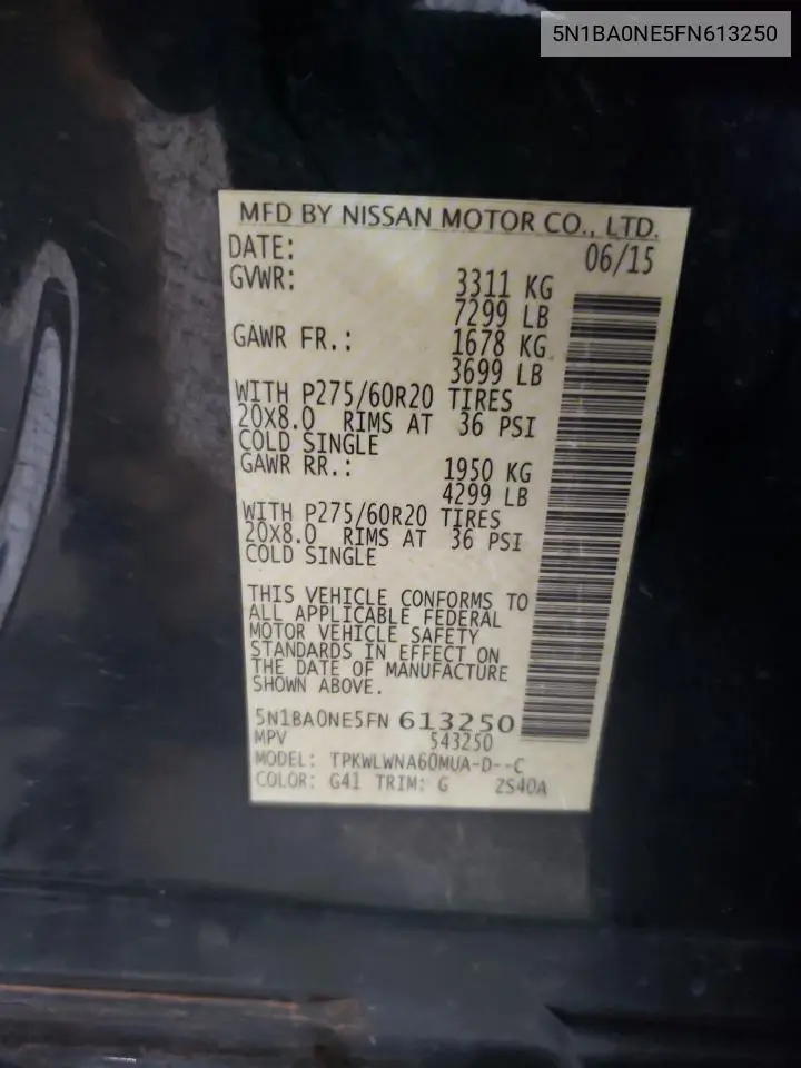 2015 Nissan Armada Platinum VIN: 5N1BA0NE5FN613250 Lot: 63285805