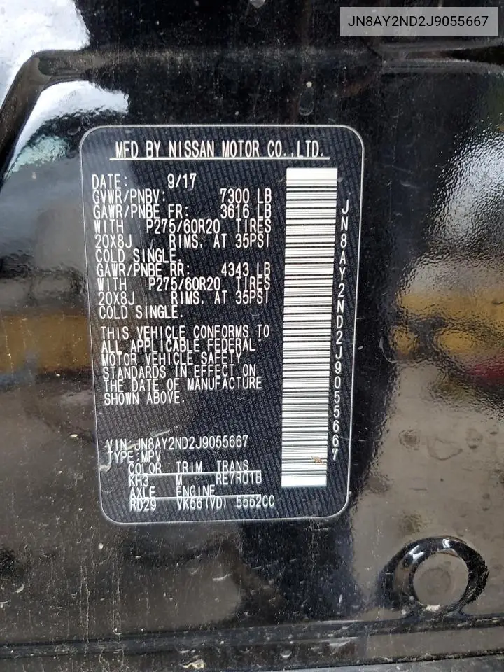 2018 Nissan Armada Sv VIN: JN8AY2ND2J9055667 Lot: 62988345