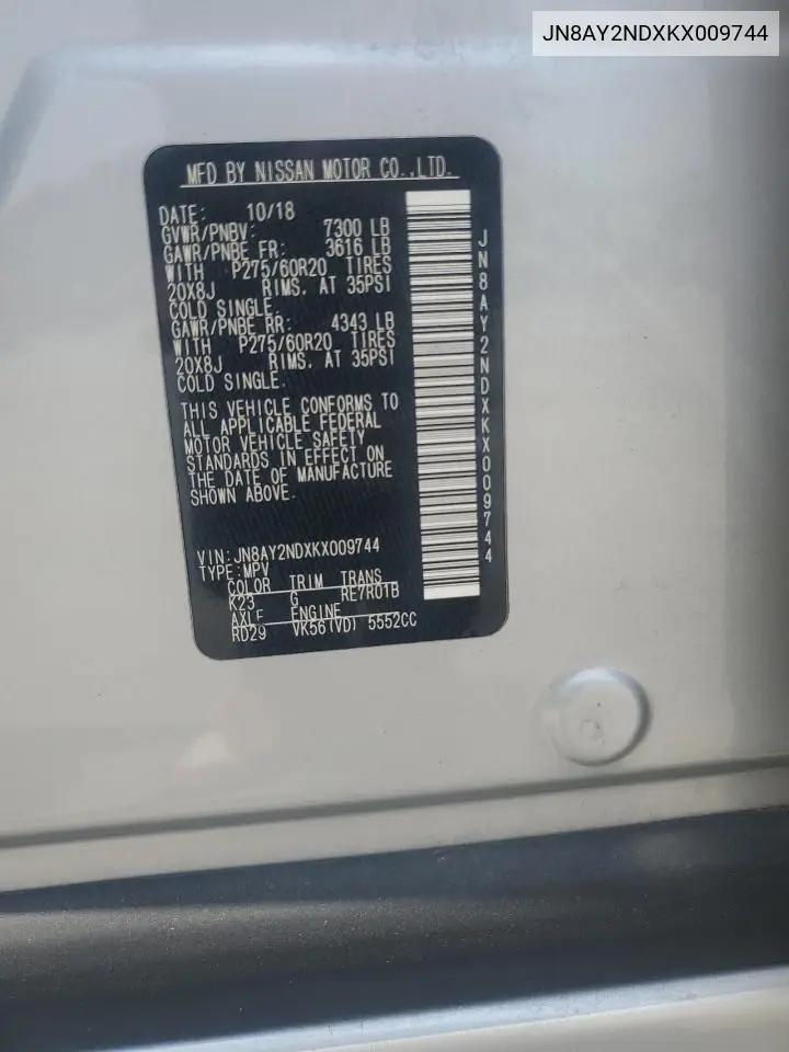 2019 Nissan Armada Sv VIN: JN8AY2NDXKX009744 Lot: 61915175