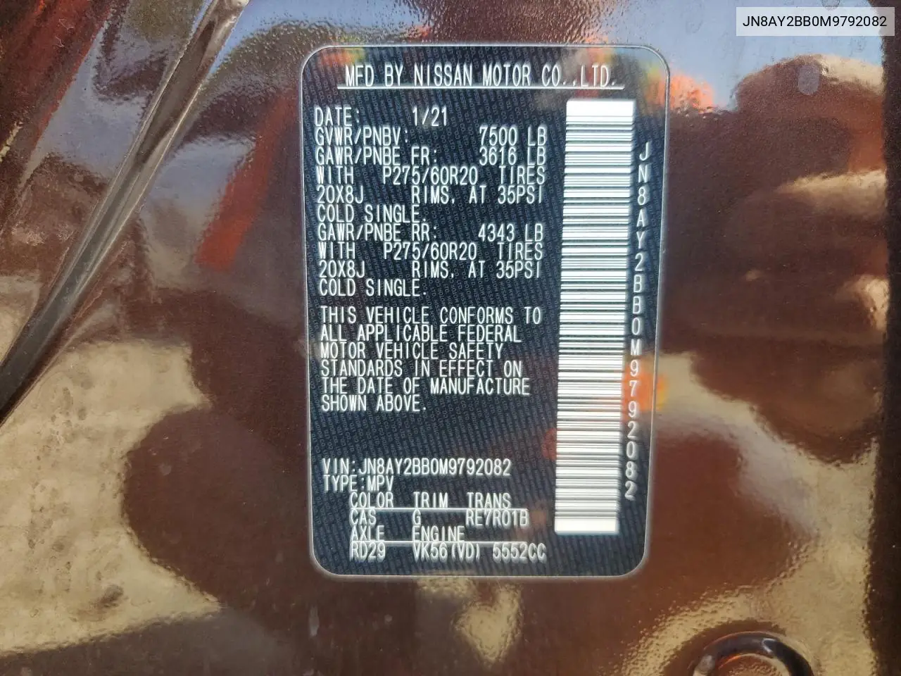 2021 Nissan Armada Sl VIN: JN8AY2BB0M9792082 Lot: 56521405