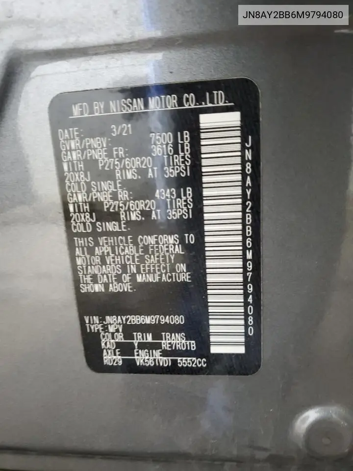 2021 Nissan Armada Sl VIN: JN8AY2BB6M9794080 Lot: 62222115