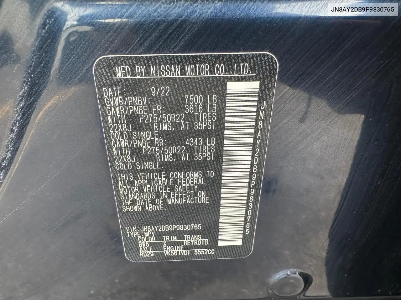 2023 Nissan Armada Platinum VIN: JN8AY2DB9P9830765 Lot: 62894605