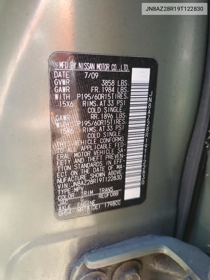 2009 Nissan Cube Base VIN: JN8AZ28R19T122830 Lot: 60489525
