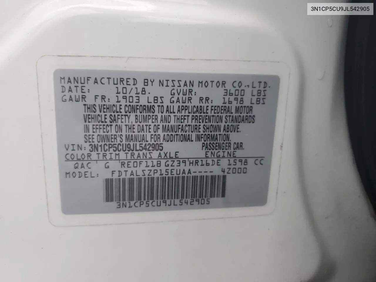 2018 Nissan Kicks S VIN: 3N1CP5CU9JL542905 Lot: 62855225