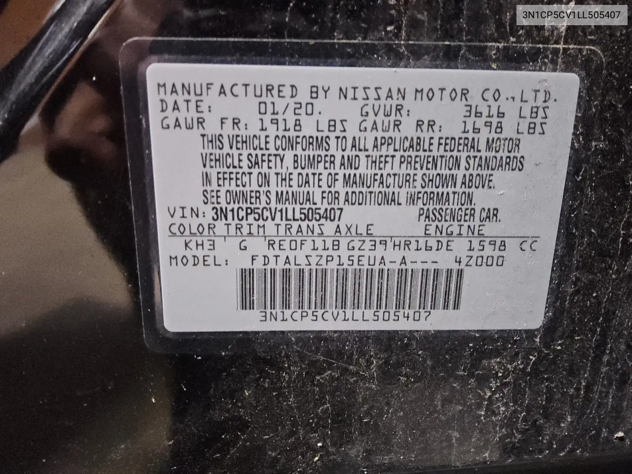 2020 Nissan Kicks Sv VIN: 3N1CP5CV1LL505407 Lot: 61841865