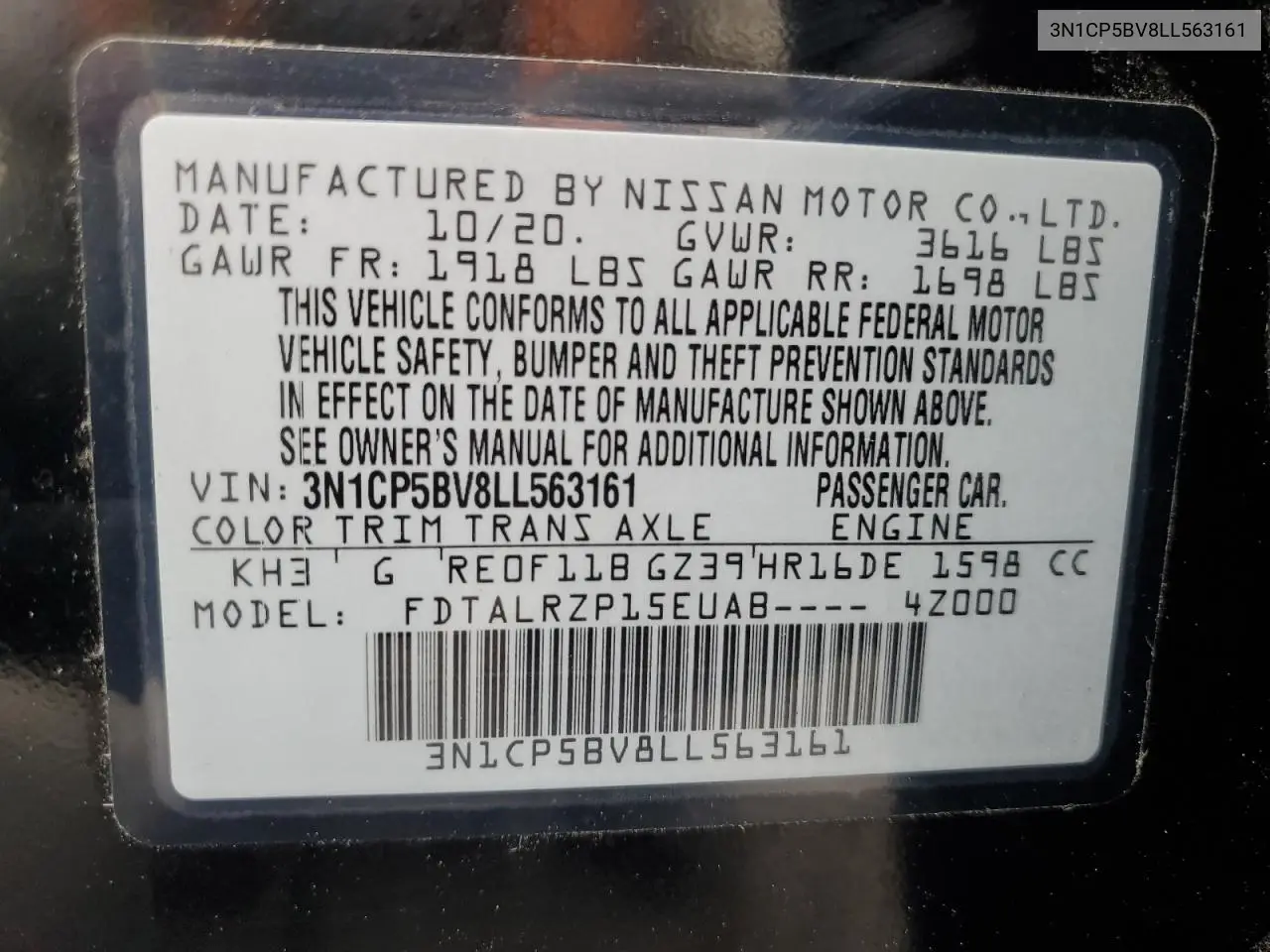 2020 Nissan Kicks S VIN: 3N1CP5BV8LL563161 Lot: 63306695