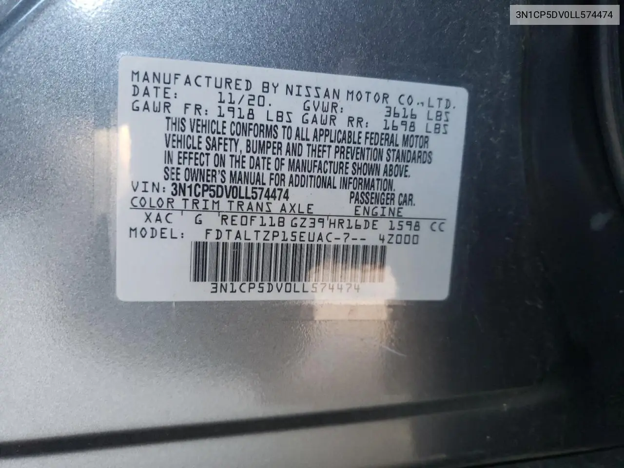 2020 Nissan Kicks Sr VIN: 3N1CP5DV0LL574474 Lot: 84712444