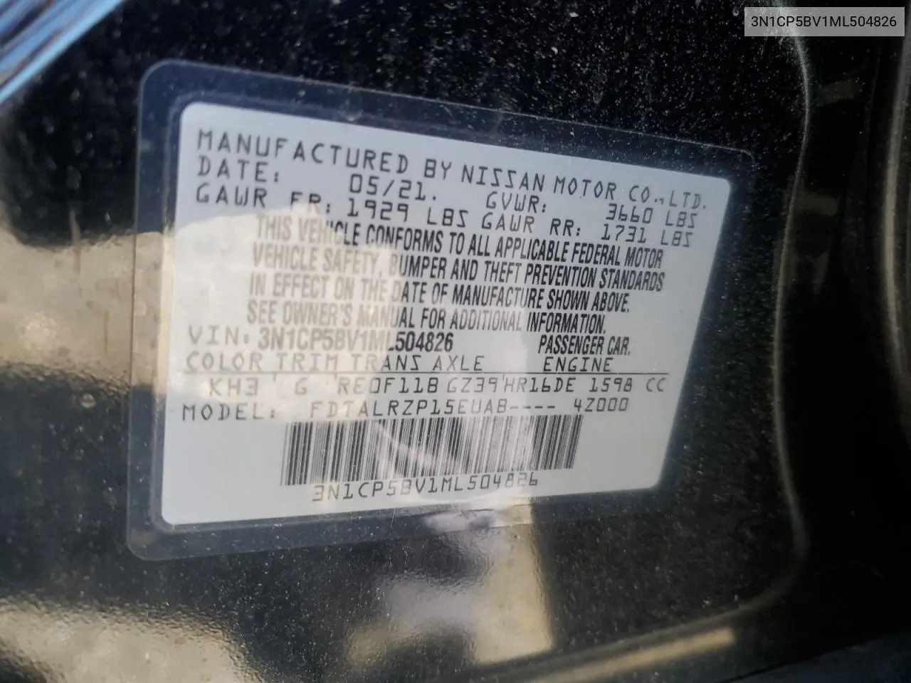 2021 Nissan Kicks S VIN: 3N1CP5BV1ML504826 Lot: 54834505