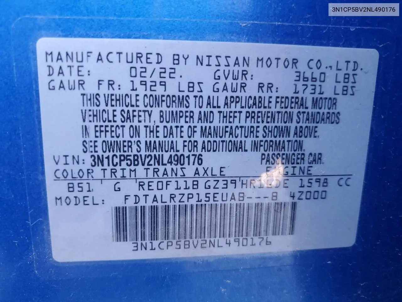 2022 Nissan Kicks S VIN: 3N1CP5BV2NL490176 Lot: 62788525