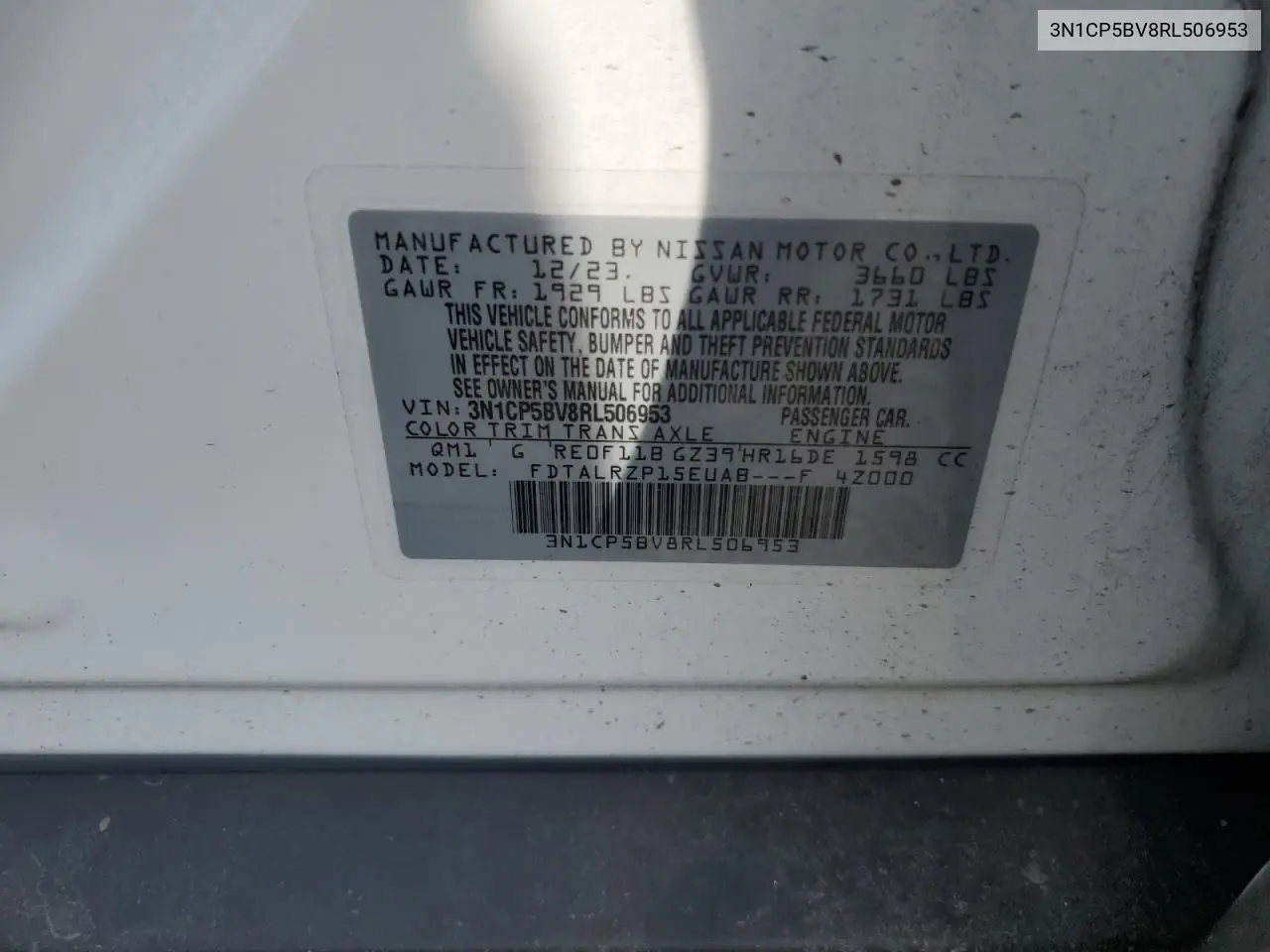 2024 Nissan Kicks S VIN: 3N1CP5BV8RL506953 Lot: 62403525