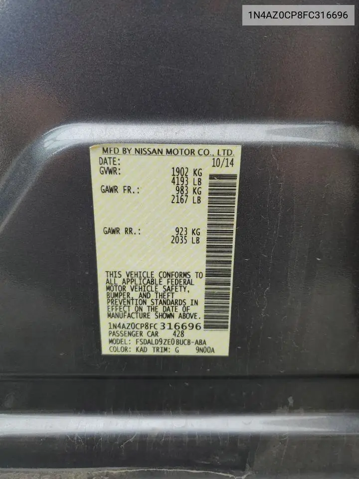 2015 Nissan Leaf S VIN: 1N4AZ0CP8FC316696 Lot: 62882535