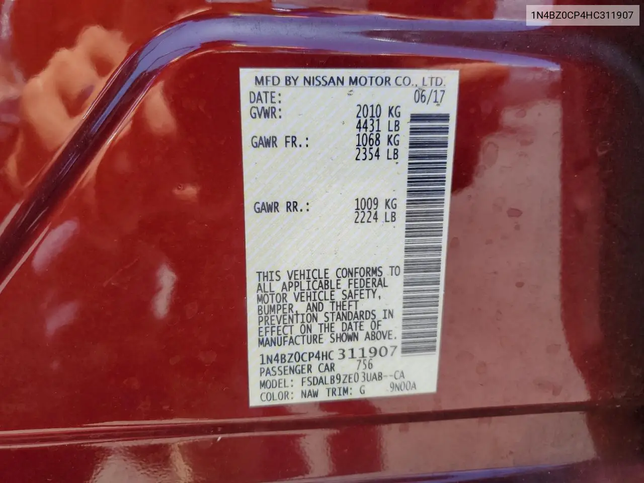 2017 Nissan Leaf S VIN: 1N4BZ0CP4HC311907 Lot: 62173655