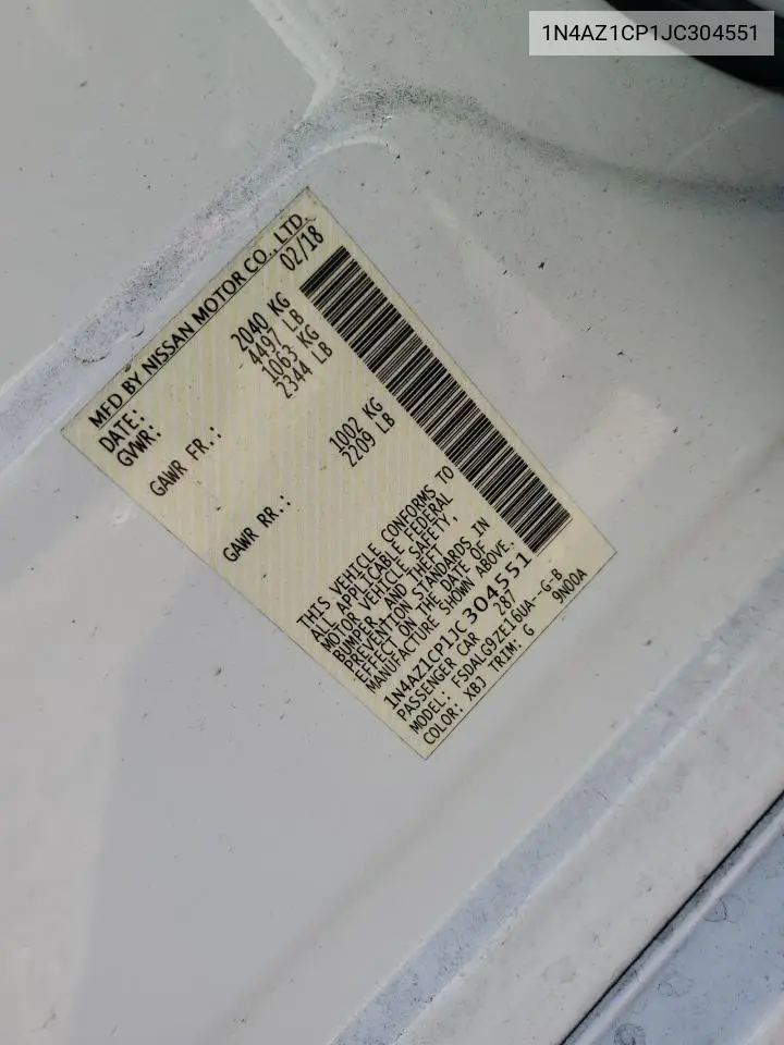 2018 Nissan Leaf S VIN: 1N4AZ1CP1JC304551 Lot: 61624275