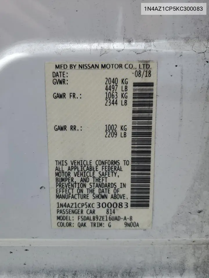 2019 Nissan Leaf S VIN: 1N4AZ1CP5KC300083 Lot: 61266685