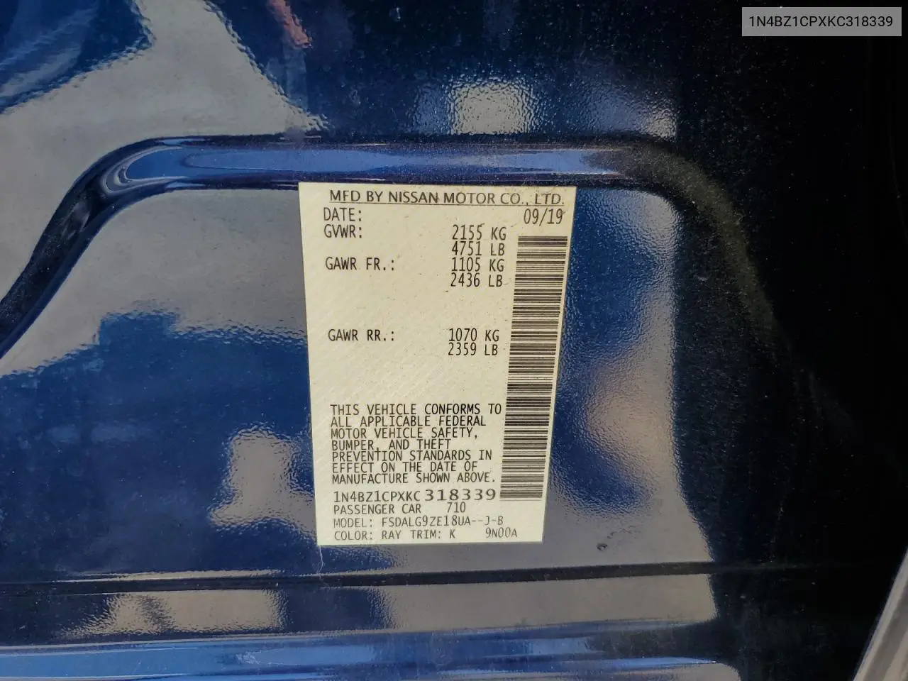 2019 Nissan Leaf S Plus VIN: 1N4BZ1CPXKC318339 Lot: 61463865