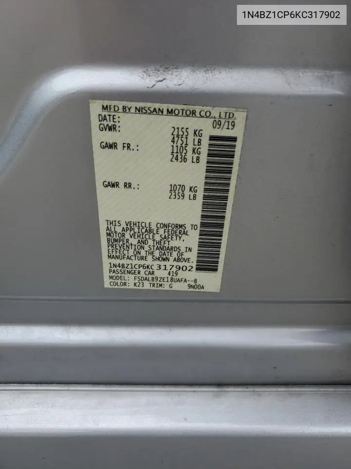 2019 Nissan Leaf S Plus VIN: 1N4BZ1CP6KC317902 Lot: 62417695
