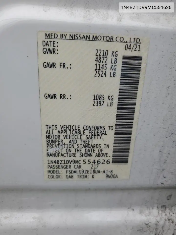 2021 Nissan Leaf Sl Plus VIN: 1N4BZ1DV9MC554626 Lot: 61155875